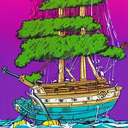 Prompt: one pirate ship that has a green fruit tree in the middle of it, surrounded by water, bold complementary colours, 2 d matte, graphic novel, art by chris bachalo and marc silvestri and john cassaday,