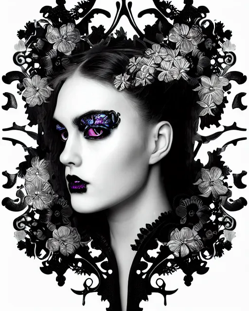 Image similar to monochrome profile portrait painting, dutch masters, silver lace floral steampunk biomechanical beautiful young female cyborg with one fluo techno eye, monocular, volumetric light, leaves foliage and stems, hibiscus flowers, rim light, big gothic fashion pearl embroidered collar, 8 k