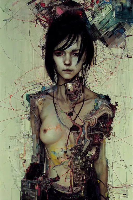 Image similar to young woman cyberpunk dream thief, wires cybernetic implants, in the style of adrian ghenie, esao andrews, jenny saville,, surrealism, dark art by james jean, takato yamamoto. intricate, very detailed, high quality