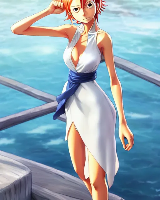 Image similar to a southern woman as nami from one piece, simple cream dress, detailed perfect face, mid view, by artgerm, by studio muti, greg rutkowski makoto shinkai takashi takeuchi studio ghibli