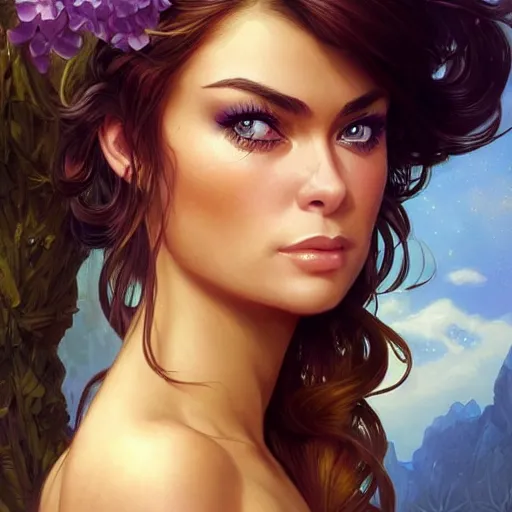 Prompt: portrait of a beautiful Carmen Electra, as cute brunette violet evergarden with big blue eyes, fantasy, intricate, elegant, highly detailed, digital painting, artstation, concept art, smooth, sharp focus, illustration, art by artgerm and greg rutkowski and alphonse mucha