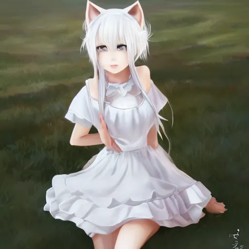 Image similar to realistic beautiful gorgeous natural cute young teenager girl white hair cute white cat ears in maid dress outfit golden eyes artwork drawn full HD 4K highest quality in artstyle by professional artists WLOP, Taejune Kim, Guweiz, ArtGerm on Artstation Pixiv