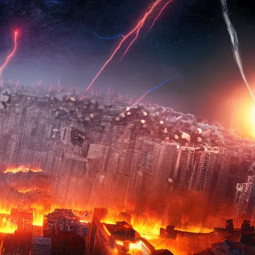 Prompt: a city being destroyed by a meteor explosion, destruction, realistic, 8k
