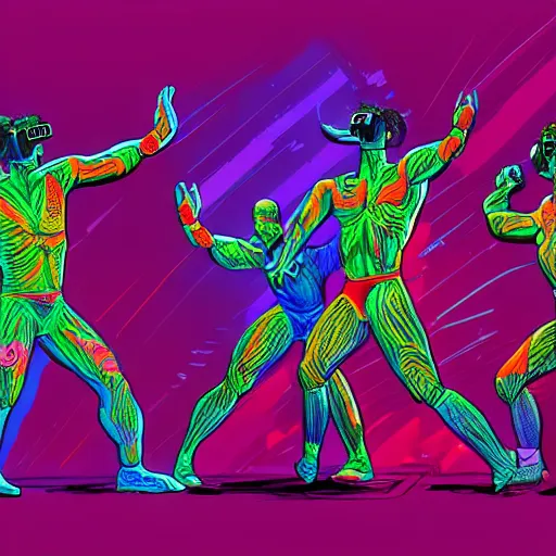 Image similar to wrestlers wearing vr headsets, vr goggles, shrugging, shrugging arms, intricate complexity, inverted neon rainbow drip paint, trending on art station, digital illustration by matthew skiff