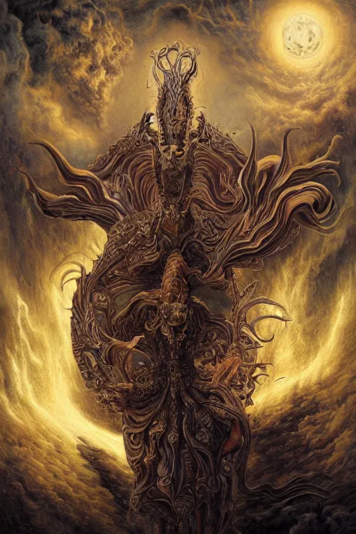 Image similar to Intricate stunning highly detailed Salvador Dali depicted as HammerFall’s lead vocalist, digital painting by agostino arrivabene and Vladimir Kush, surreal, ultra realistic, Horror vacui, dramatic lighting, full moon, thick black swirling smoke tornado, burning fire embers, artstation