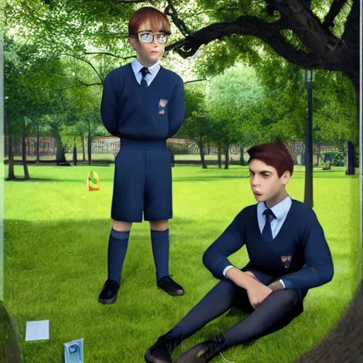 Image similar to a realistic fullbody photograph of a nerdy school boy in a park, school uniform, clear details, golden ratio, gerald brom, alan lee, hyperrealism, 8 k, unreal engine