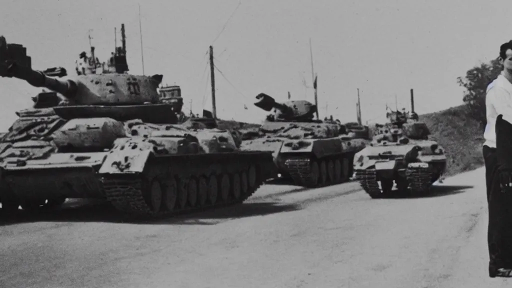 Prompt: old historic photograph of a person in white shirt, white holding grocery bags, standing on the road in front of four battle tanks approaching him