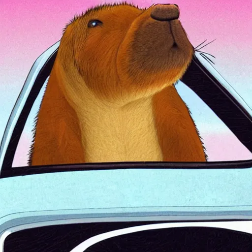 Prompt: Capybara driving a car listening to 'okay, i pull up'