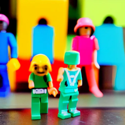 Image similar to 35mm photo of happy roblox figures, bright and fun colors