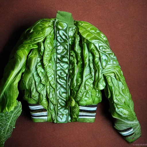 Image similar to jacket made out of cabbage, photorealistic, studio, detailed