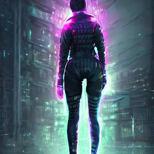 Image similar to skill magic deepdream guard girl cyberpunk futuristic, reflective puffer jacket, black leggings from the back radiating a glowing aura by ismail inceoglu dragan bibin hans thoma, perfect face, fine details, realistic shaded, fine - face, pretty face