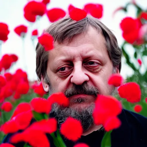 Prompt: Art photography Slavoj Žižek having a fight against red flowers