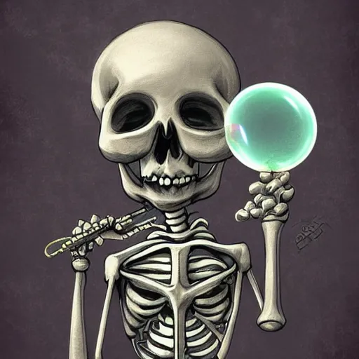 Prompt: happy skeleton blowing soap bubbles with bone utensils, dark horror, digital art, high detail