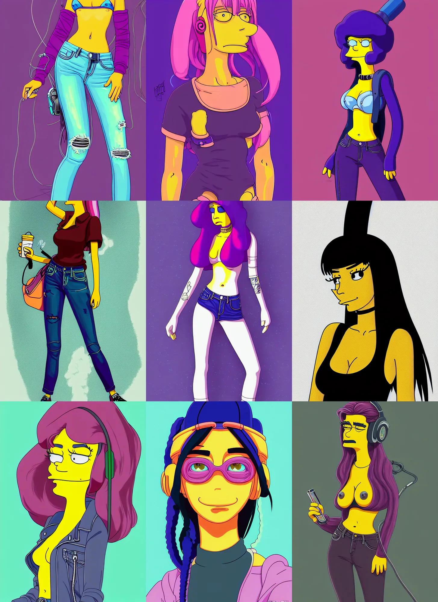 Prompt: simpsons portrait : : soft lustrous beautiful raver emo winter streetwear madison beer cyborg woman, low - rise jeans. earbuds, hi - fructose, sci - fi fantasy cyberpunk decadent highly - detailed digital vector anime, artstation, concept art, sharp focus, smooth, artgerm, mucha, loish, wlop