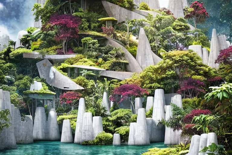 Prompt: brutalist futuristic white Aztec structures, manicured garden of eden, vivid pools and streams, tropical foliage, bromeliads, azaleas, Japanese maples, birds, sculpture gardens, Winter, by Jessica Rossier and Brian Froud