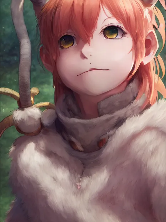 Image similar to Anime portrait of a cute smiling faun, short pink hair, golden notched horns, brown fur, fluffy tail, by Makoto Shinkai, Stanley Artgerm Lau, WLOP, Rossdraws, James Jean, Andrei Riabovitchev, Marc Simonetti, and Sakimichan