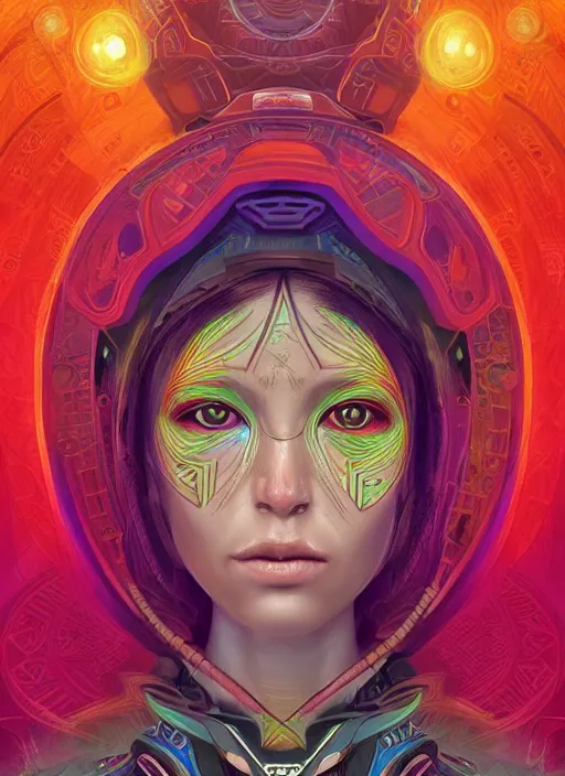 Image similar to portrait of a future metaverse ayahuasca tech shaman warrior, 2 d cartoon, visionary art, symmetric, magick symbols, holy halo, shipibo patterns, sci - fi, concept art, trending on art station, 8 k digital art, by mandy jurgens, fantasy portrait art, anime