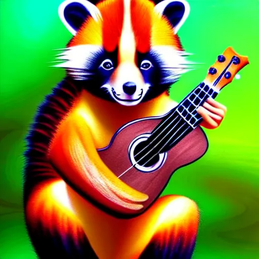 Image similar to cute fluffy Ailurus fulgens playing a ukulele, fully detailed, high quality , 4k , digital art, digital painting, soft light , masterpiece