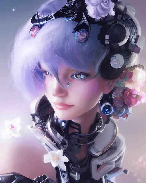 Prompt: cyborg girl with white hair and black skirt, flower decorations, dreamy, beautiful illustration, scifi, atmosphere, top lighting, blue eyes, focused, perfect composition, artstation, highly detailed, art by yuhong ding and chengwei pan and serafleur and ina wong