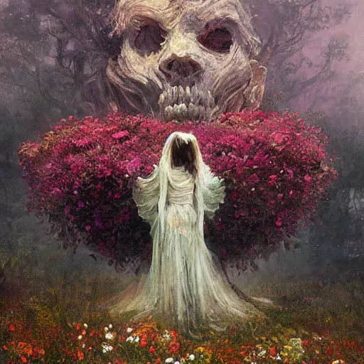 Image similar to a gigantic beautiful terrifying monster made of flowers looms over a tiny human. ethereal horror fantasy art by greg rutkowski and magali villanueve and monet