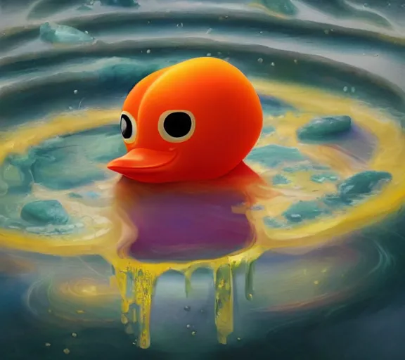 Image similar to gemstone in the shape of a rubber duck floating in a pool of perfume, mystical, enigmatic, digital oil painting, trending on artstation