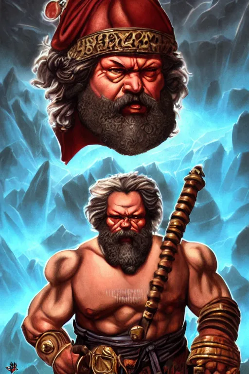 Prompt: character portrait of buff barbarian karl marx with a tattoo of a third eye on the forehead, dungeons and dragons cover artwork, dynamic composition, dramatic lighting, trending on artstation, award winning art, stylized painting by leonardo da vinci, wayne barlowe, richard corben, concept art, 4 k, 8 k, gold and teal color scheme