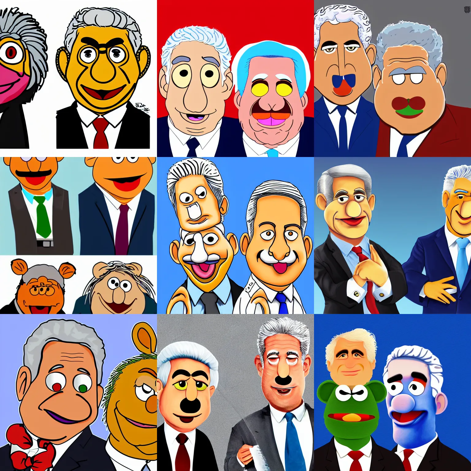 Prompt: Benjamin Netanyahu and Yair lapid as muppets, digital illustration, extremely detailed, gorgeous lighting, wide angle action dynamic portrait