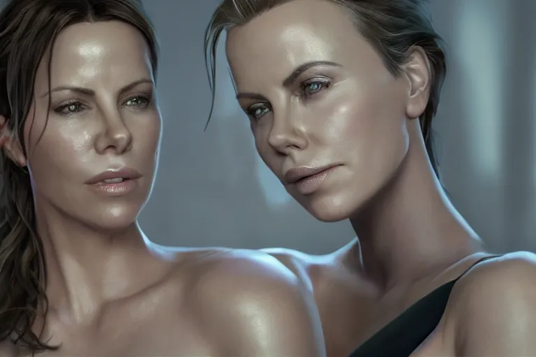 Image similar to a very beautiful hyper - realistic portrait of kate beckinsale and charlize theron looking at each other, rendered by beeple, by makoto shinkai, syd meade, starwars, digital art, unreal engine, wlop, trending on artstation, 4 k uhd image, octane render