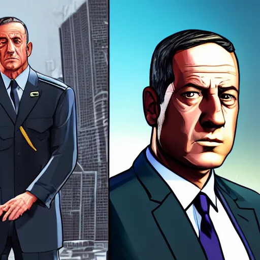 Image similar to portrait of (((((Benny Gantz Defense Minister of Israel)))))!!!!! as a GTA v character. GTA v loading screen illustration by martin ansin, matt bors