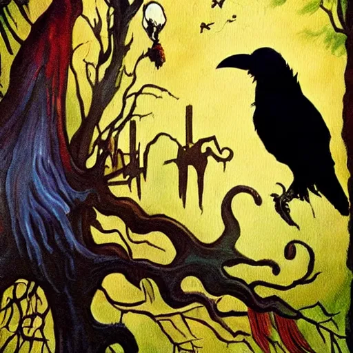 Image similar to fantasy painting of a raven by dr seuss | horror themed | creepy