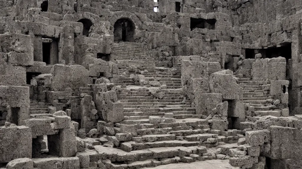 Prompt: surreal ancient ruins with a stairway to heaven, photography by zhang kechun