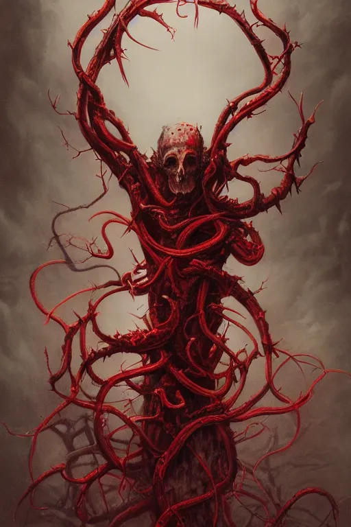 Image similar to realistic portrait beautiful detailed matte painting of cinematic movie scene a ancient god of death, tentacles, black and red, thorns, vines, horror, created by gustave dore and greg rutkowski, high detailed, smooth draw, synthwave neon retro, intricate, realistic proportions, dramatic lighting, trending on artstation.