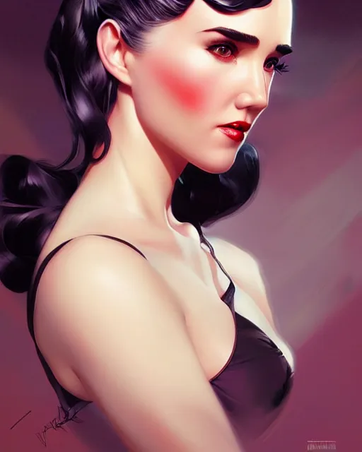 Image similar to a pin up and beautiful fashion charming dreamlke jennifer connelly, symmetrical face, symmetrical eyes, character art, art by artgerm lau and wlop and and ilya kuvshinov and john singer sargent, joshua middleton comic art