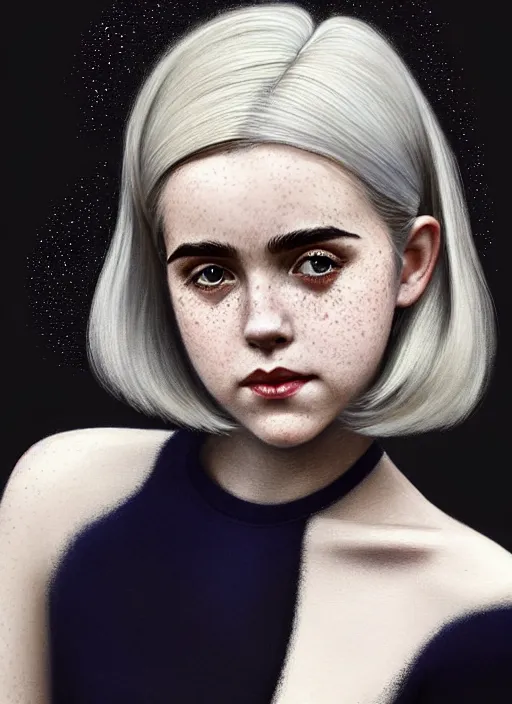 Image similar to portrait of kiernan shipka with freckles, white hair, 1 9 6 0 s bob hairstyle, hairstyle with bangs, 1 9 6 0 s bob hair with bangs and hairband, intricate, elegant, glowing lights, highly detailed, digital painting, artstation, concept art, smooth, sharp focus, illustration, art by wlop, mars ravelo and greg rutkowski