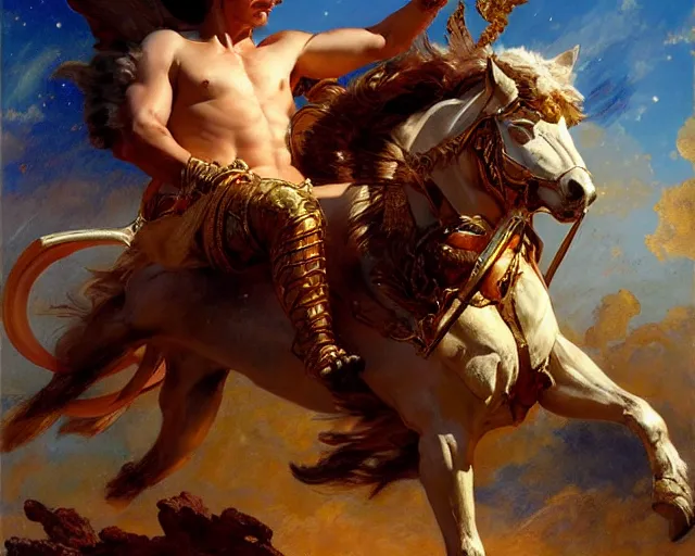 Image similar to attractive apollo greek god, riding his fire chariot. highly detailed painting by gaston bussiere, craig mullins, j. c. leyendecker 8 k