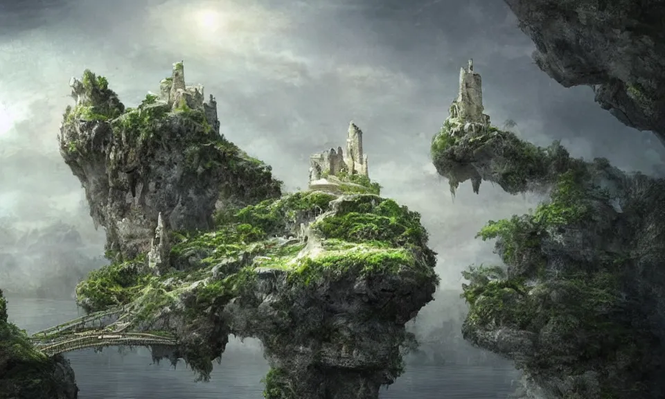 Prompt: a floating island in the stratosphere with the ruins of a small castle and a single suspension bridge leading to it, stunning digital illustration, by james gurney, cinematic lighting, very detailed, mystical, beautiful and mysterious