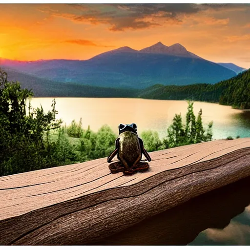 Image similar to frog sitting on a bench next to a lake in the mountains watching a beautiful sunset, photorealistic