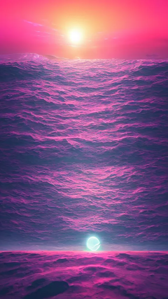Image similar to beach horizon view of the ocean on an alien planet, vaporwave ocean, planet in space over the horizon, trending on artstation, digital art by beeple