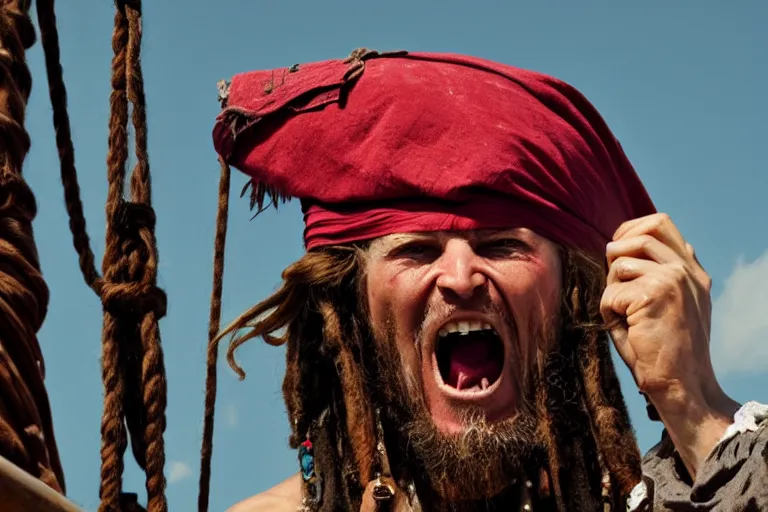 Image similar to closeup old pirate yelling on an old pirate ship, by emmanuel lubezki