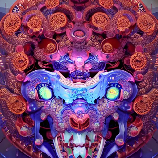 Prompt: 3 d transformer close up frontal view, portrait, astral projection, with ram golden skull. beautiful intricately detailed japanese fractal kitsune mask and clasical japanese kimono. betta fish, jellyfish fractal, bio luminescent, plasma, ice, water, wind, creature, mandelbulb, fractal, artwork by tooth wu and wlop and beeple and greg rutkowski