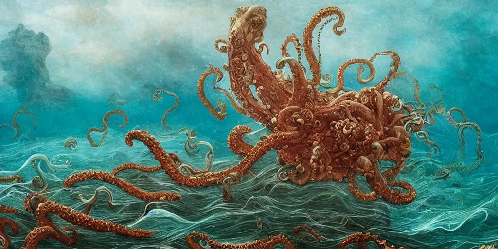 Prompt: renaissance, underwater, tilt shift, gulf, italian, whale, narval, poseidon, naval battle, italian masterpiece, faberge, wind, sky in background, wind rose, Ashford Black Marble, sculpture, baroque, draped with red corals and vines and spines, drapes, glass, portrait, kraken, mermaid, nautilus, octopus, render, artstation, ultra detailed