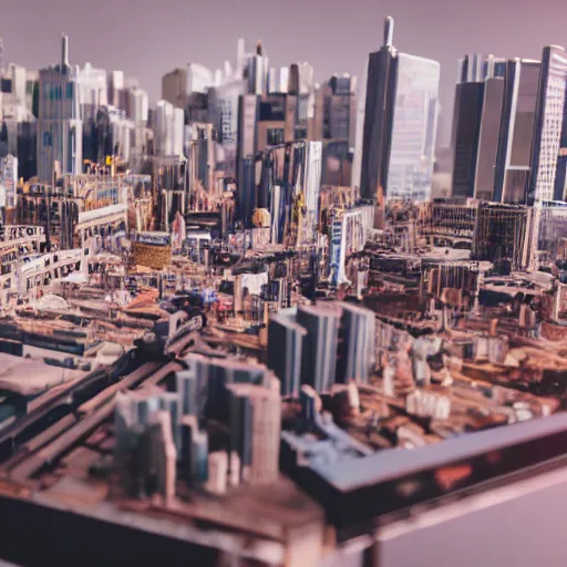 Image similar to crane shot of large group people in open warehouse, looking at hologram of futuristic city on a table, cinematic still, godrays, golden hour, natural sunlight, 4 k, clear details, tabletop model buildings, tabletop model, ethereal hologram center, crane shot, crane shot, rule of thirds