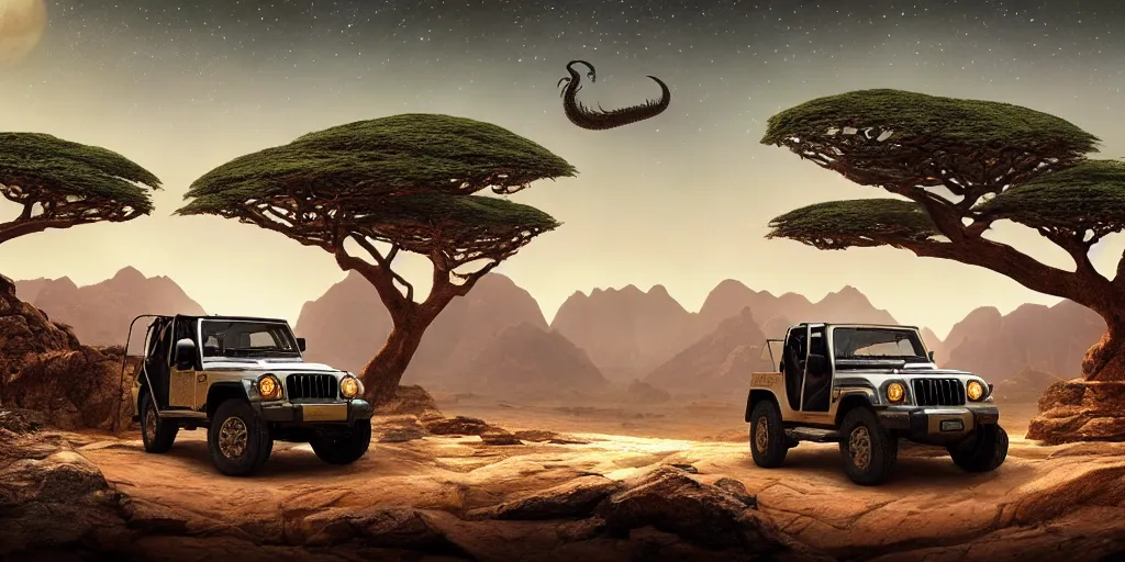 Prompt: mahindra thar at moonlit socotra island with dragon trees, starry night, sharp focus, wide shot, trending on ArtStation, masterpiece, by Greg Rutkowski, by Ross Tran, by Fenghua Zhong, octane, soft render, ultrarealistic, colorful, cinematic, shadow of the tomb rider