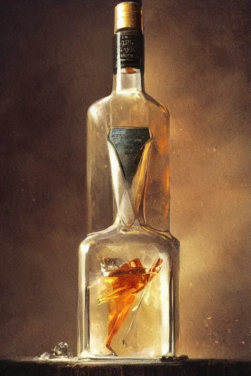 Image similar to imagine a ship in a bottle but instead of a ship jack black is in the bottle, jack black, fancy whiskey bottle, masterpiece painting by greg rutkowski