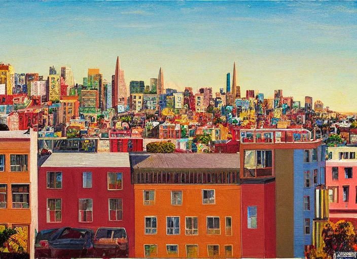 Image similar to a realistic San-Francisco cityscape, from the roof, tall terrace, hills, Golden Gate, houses, parks, and hell bursting in style of Wayne Thiebaud and Bosch