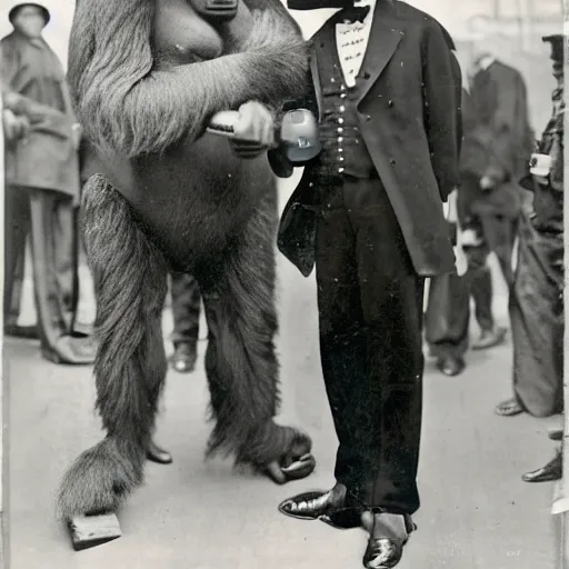 Image similar to A gorilla in a suit and top hat showing his steampunk inventions at 1893 Chicago world's fair