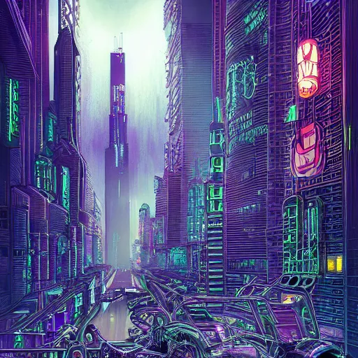 Prompt: ultra detailed gothic cyberpunk cityscape with cars, floating bike, high rise tower, neon atmospheric lighting, people in futuristic getup, by jean giraud - w 1 2 1 6