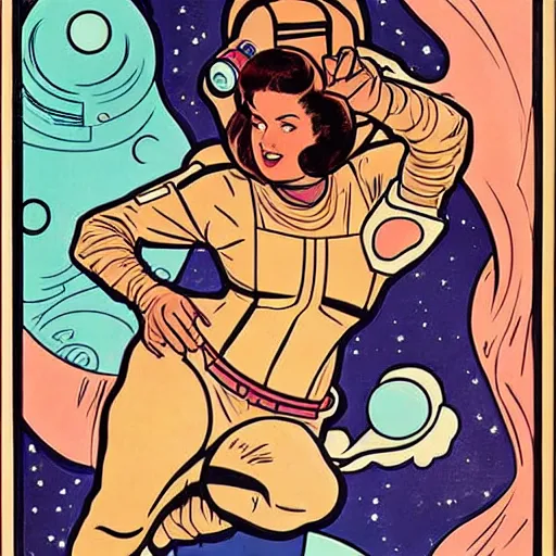 Prompt: a curvy woman with straight brown hair, floating in space. she is an astronaut, wearing a space suit. well composed, clean elegant painting, beautiful detailed face. comic book art by steve ditko and jack kirby and ( alphonse mucha )