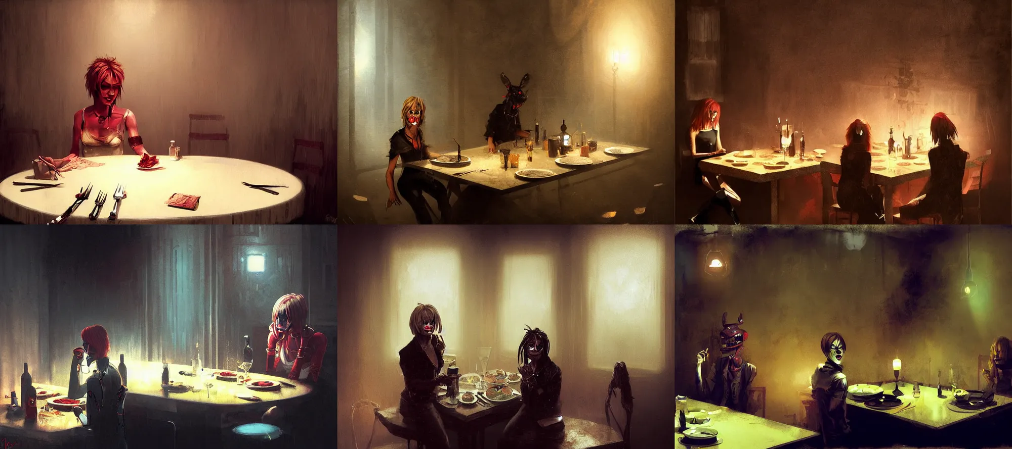 Prompt: glamrock roxy fnaf silent hill eating dinner at a table in the backrooms happiness is temporary by greg rutkowski