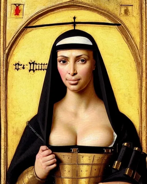 Image similar to kim kardashian as armored battle nun, delicate detailed medieval portrait in the style of eugene de blaas, perfect face